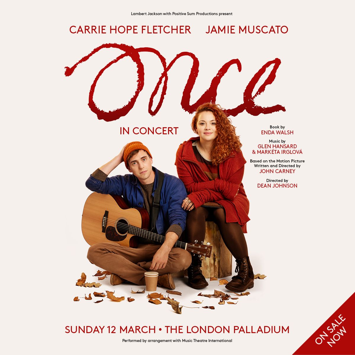 A picture of Carrie Hope Fletcher and Jamie Muscato, posing with a guitar ahead of starring in Once In Concert